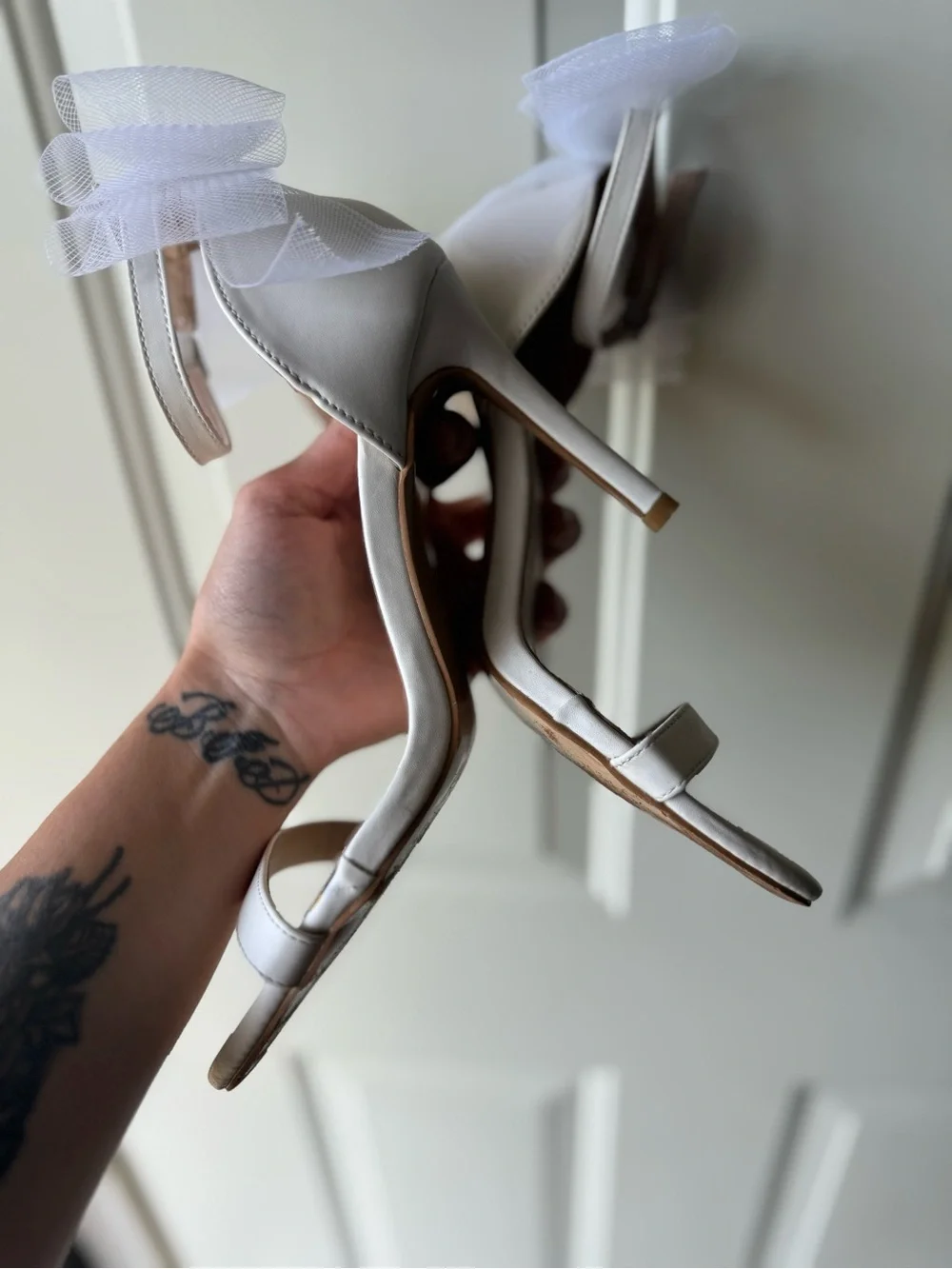 White Ankle-Strap Heels with Bridal Bow 7.5